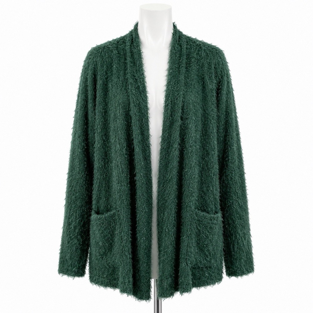 Forest‎ Green Eyelash Knit Cardigan L Open Front Pocket Sweater Colleen Lopez